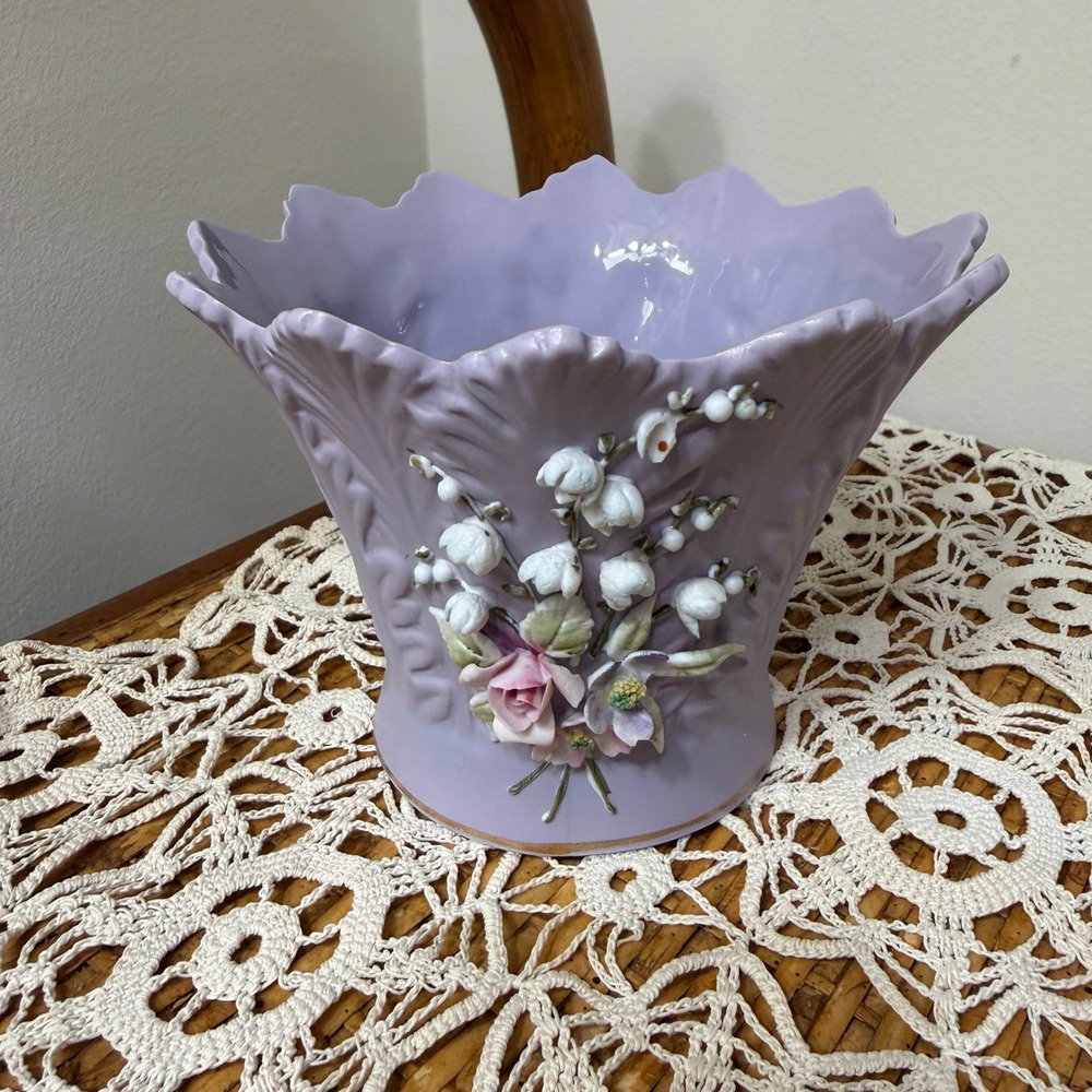 Vintage Lefton China Lavender Vase Applied Flowers Lily of Valley Gold Trim
